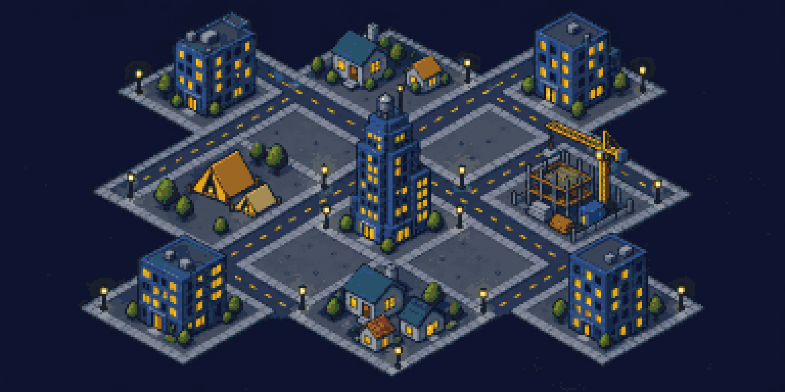 A night district of City Pad: towers, houses, a tent and a building site